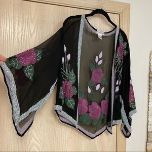 Vintage Y2K beaded painted artsy kimono 100% silk top - size 12